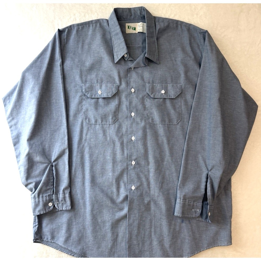 VTG Key Mens Cotton Poly Shirt 3XL Blue Long Sleeve Workwear Blank Made USA